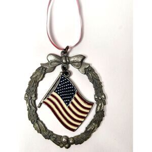 Vintage American Flag Wreath Ornament USA Christmas Pewter Patriotic